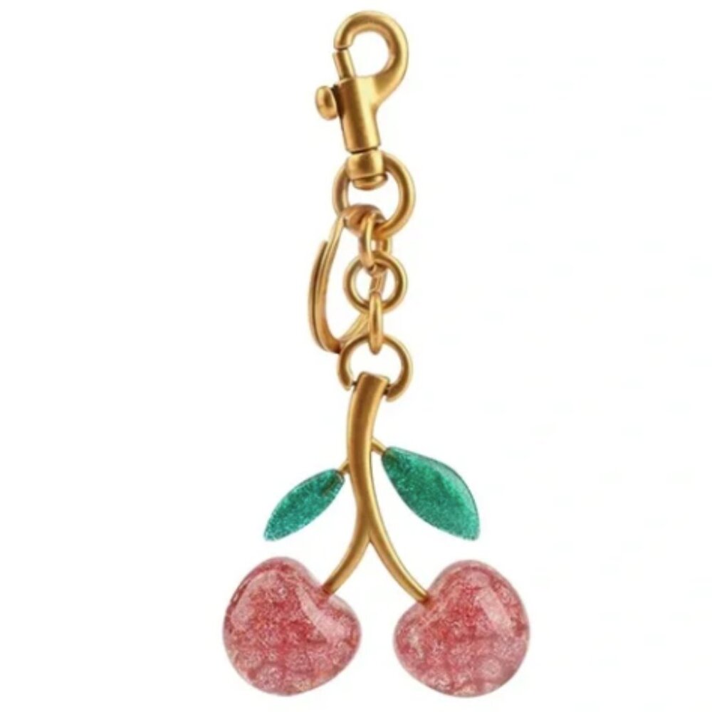 Sparkling Cherry Keychain with Gold and Green Accents